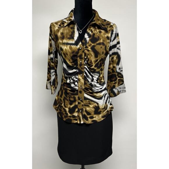 VTG 90s Top Womens Leopard Print Animal Cheetah Medium V-neck 70s Style Collar - Picture 1 of 15